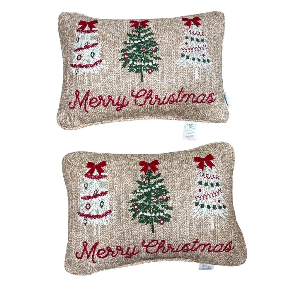 Set‎ of 2 Christmas Tree Embroidered Woven Lumbar Throw Pillows Festive Coastal